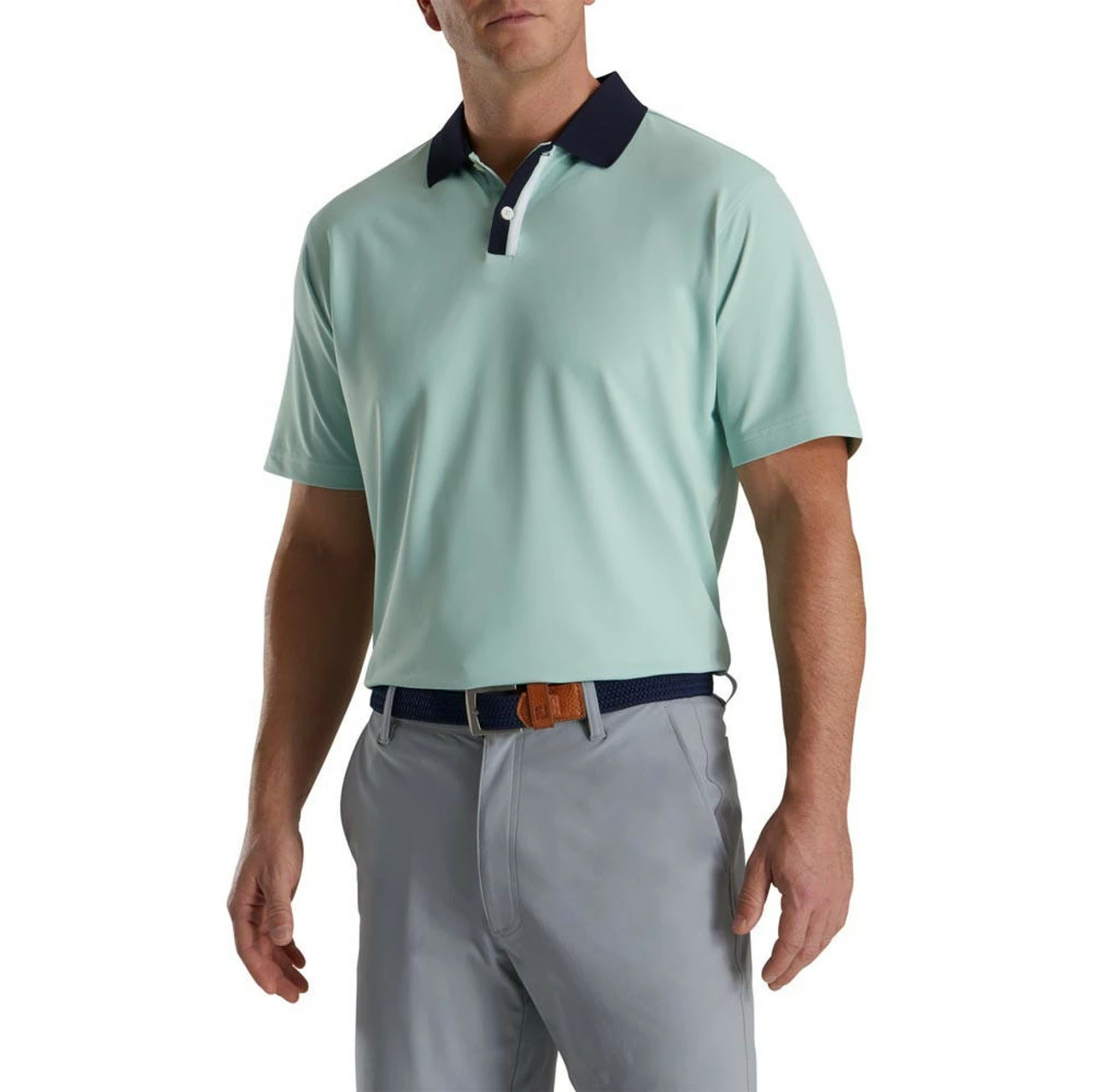 FootJoy Solid Stretch Pique With Stripe Placket Knit Collar Polo 1 FootJoy Solid Stretch Pique With Stripe Placket Knit Collar Polo